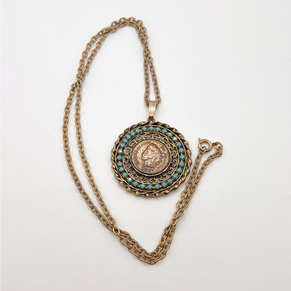 Vintage 1827 Indian Head Penny Gold Tone Filigree Turquoise Circular Necklace